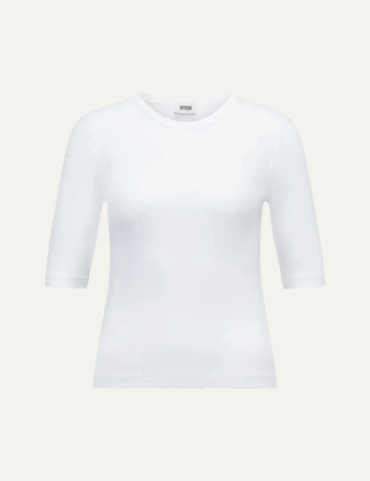 Drykorn women's white slim-fit T-shirt with a round neckline, three-quarter sleeves and fine ribbed cotton texture.