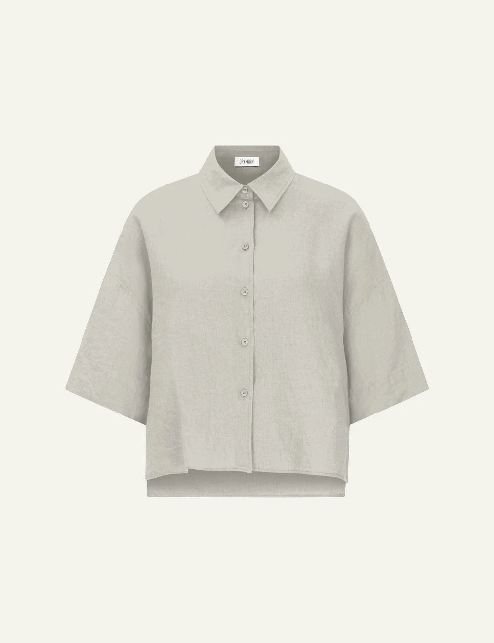 Drykorn YARIKA shirt beige linen oversized 3/4 sleeve button front flat view