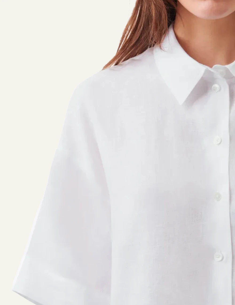Drykorn YARIKA shirt white linen oversized 3/4 sleeve button front detail view