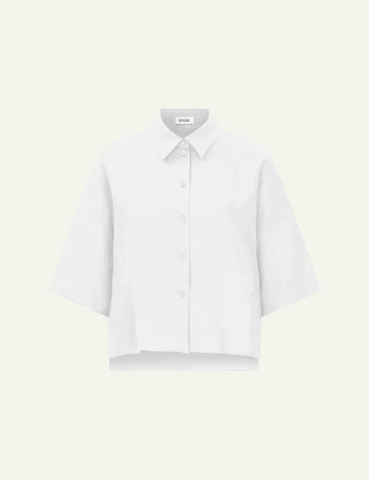 Drykorn YARIKA shirt white linen oversized 3/4 sleeve button front flat view