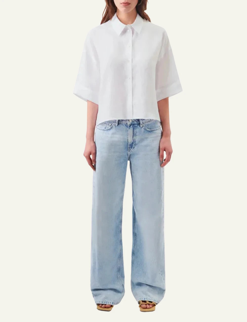 Drykorn YARIKA shirt white linen oversized 3/4 sleeve button front full body view