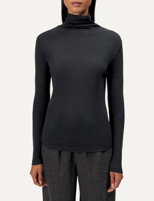 Drykorn women's dark grey slim-fit turtleneck top with long sleeves and a soft jersey texture.