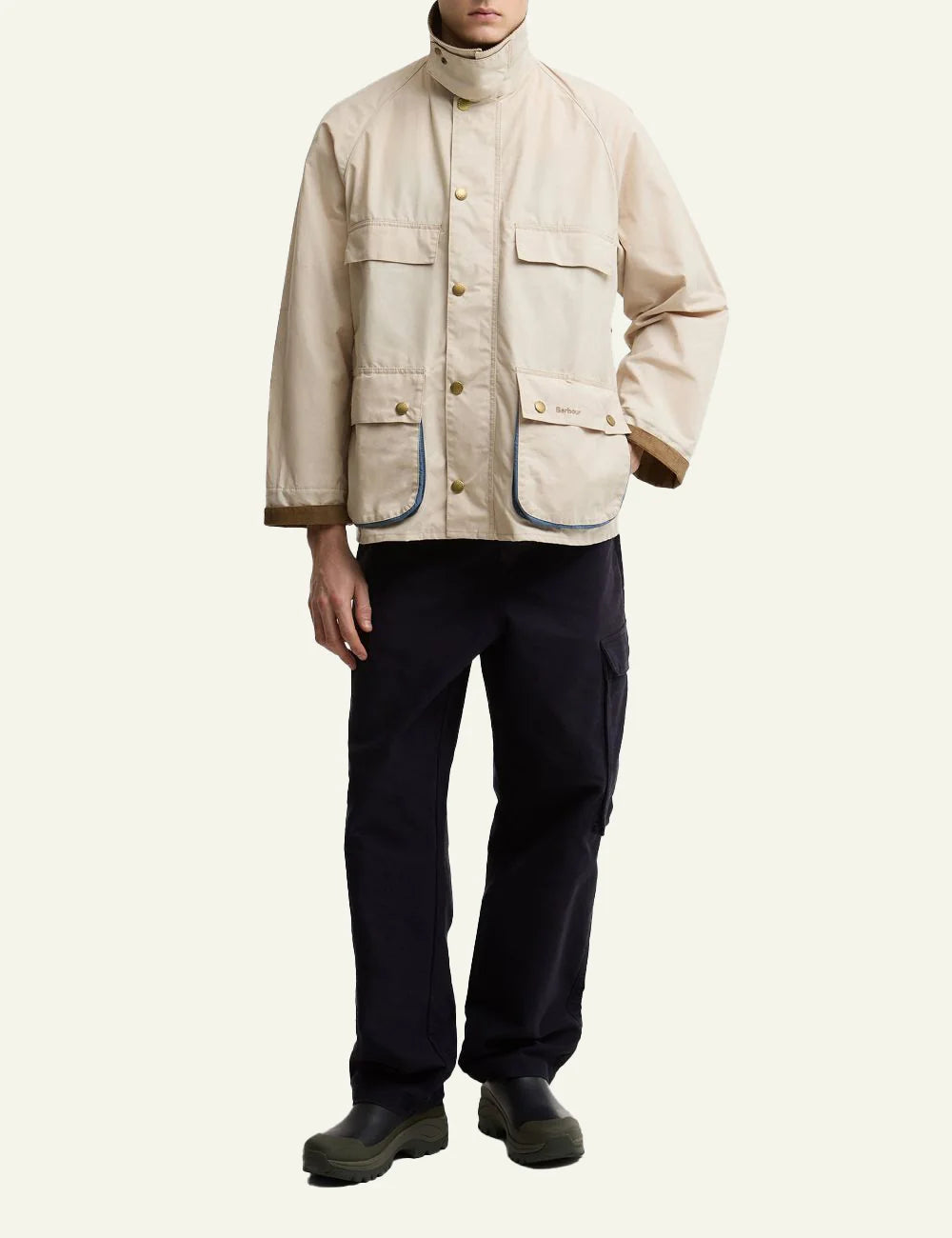 barbour field jacket beige with cord collar front model view