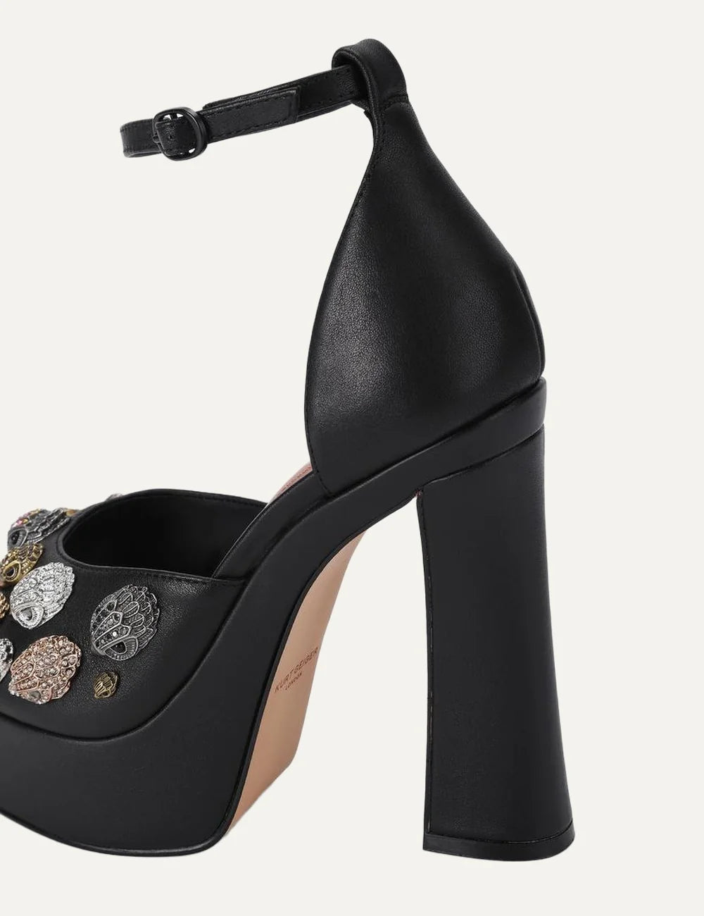 Kurt Geiger London black leather platform sandals with open toe, embellished eagle head details, ankle strap and high block heel detail
