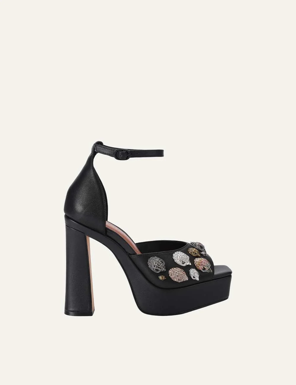 Kurt Geiger London black leather platform sandals with open toe, embellished eagle head details, ankle strap and high block heel.