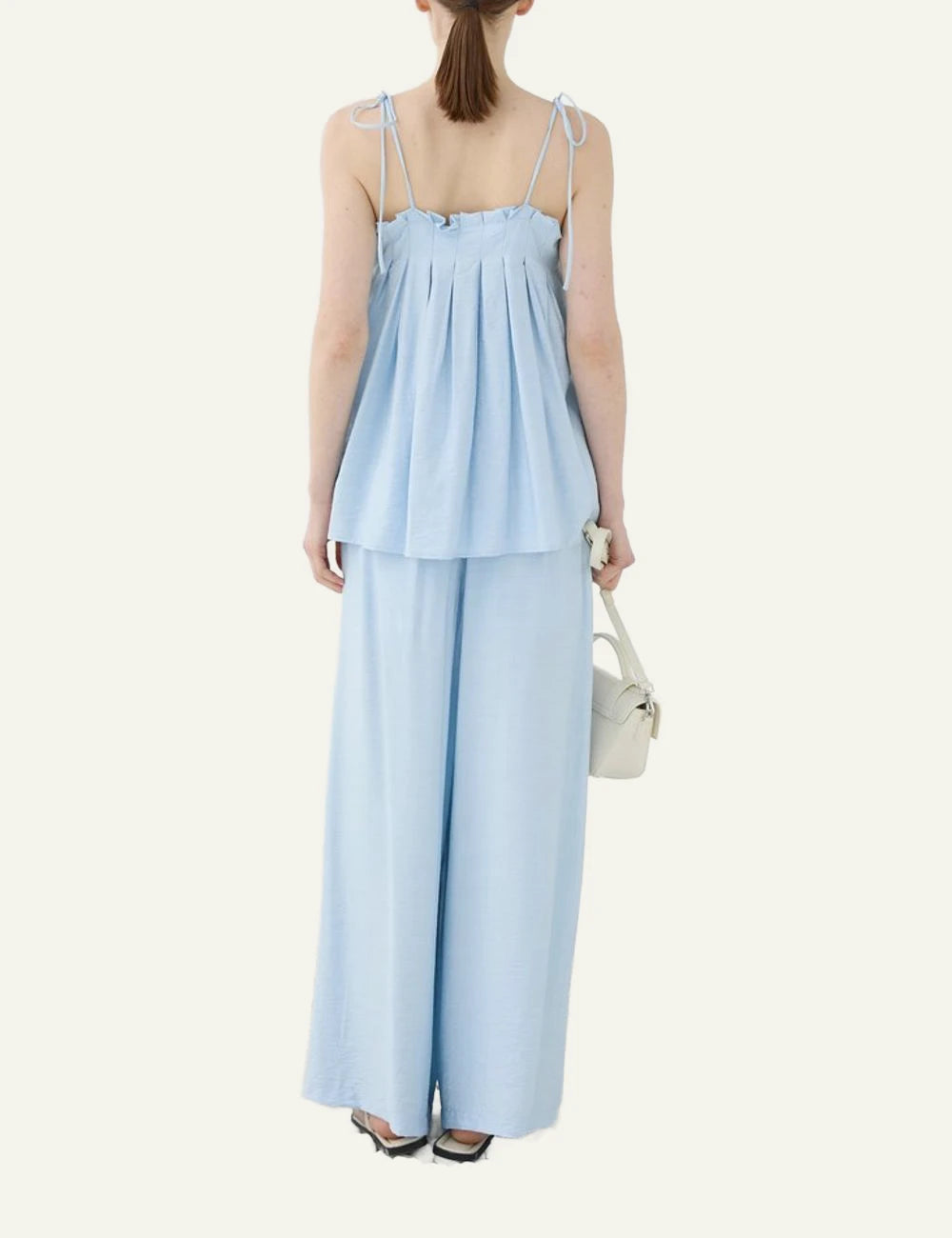 Eleh light blue wide leg pants elastic waist flowy back model view