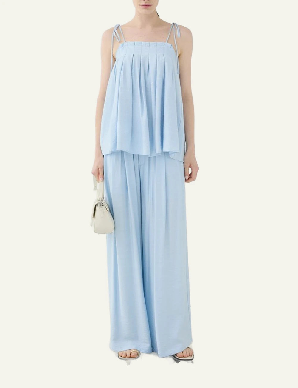 Eleh light blue wide leg pants elastic waist flowy front full body model view