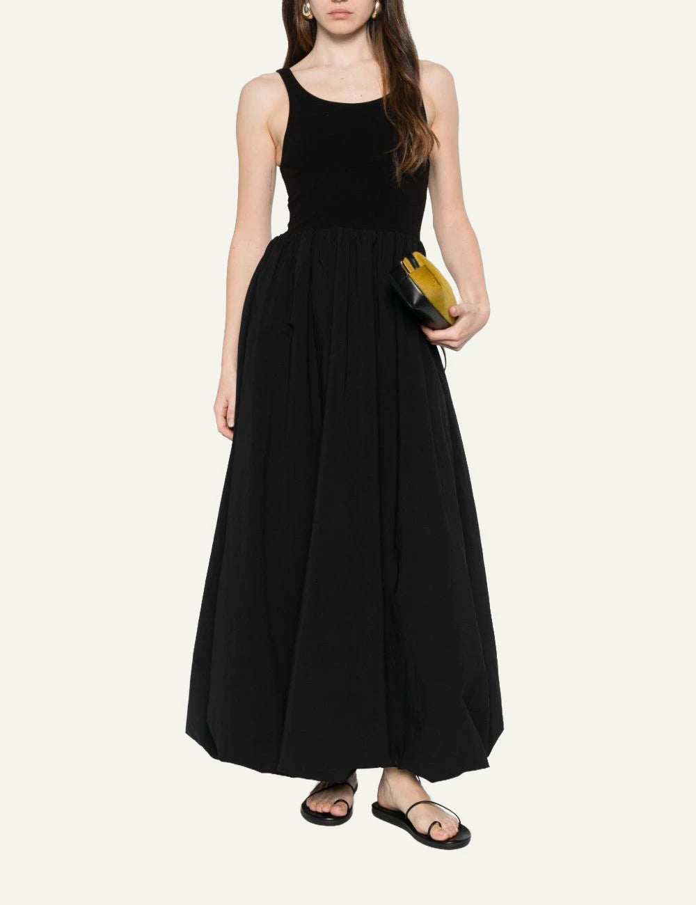 Eleh black sleeveless dress pleated skirt round neck front model view