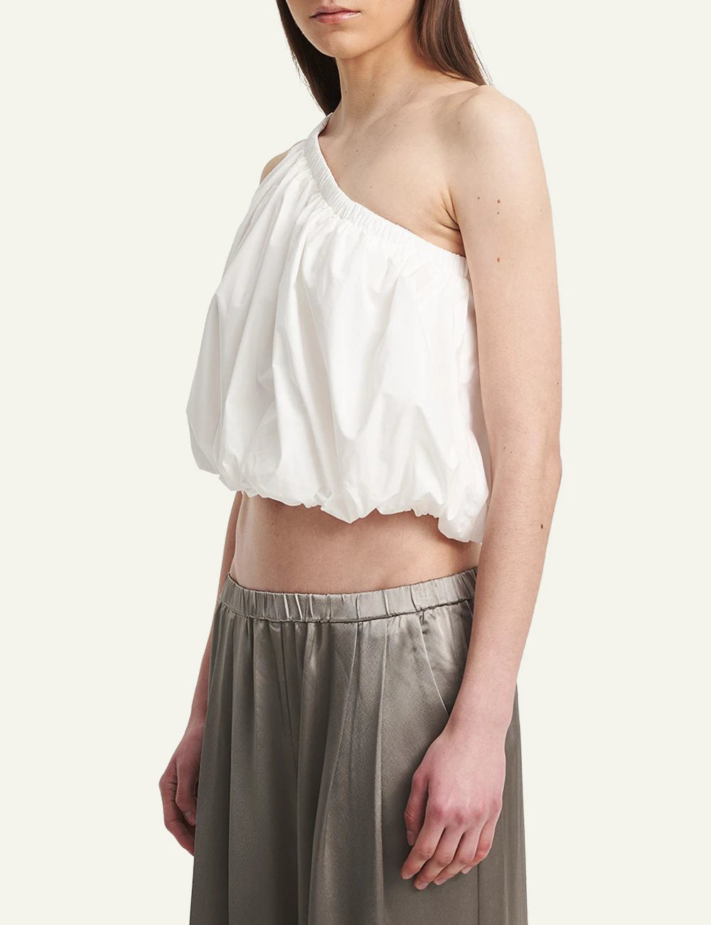 Eleh crop top white one shoulder detail side model view