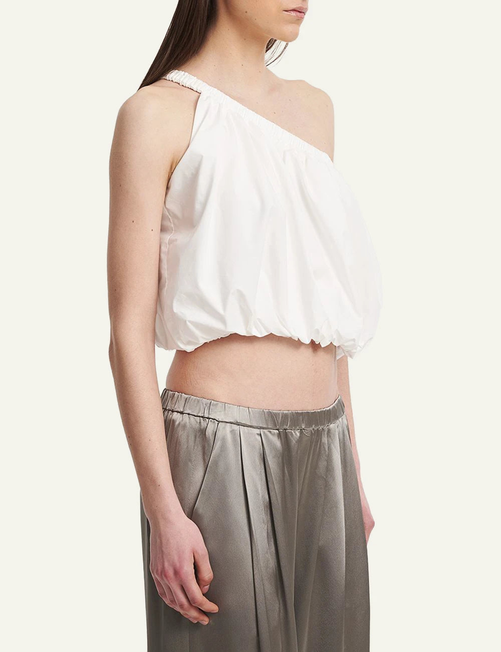 Eleh crop top white one shoulder detail front full body model view