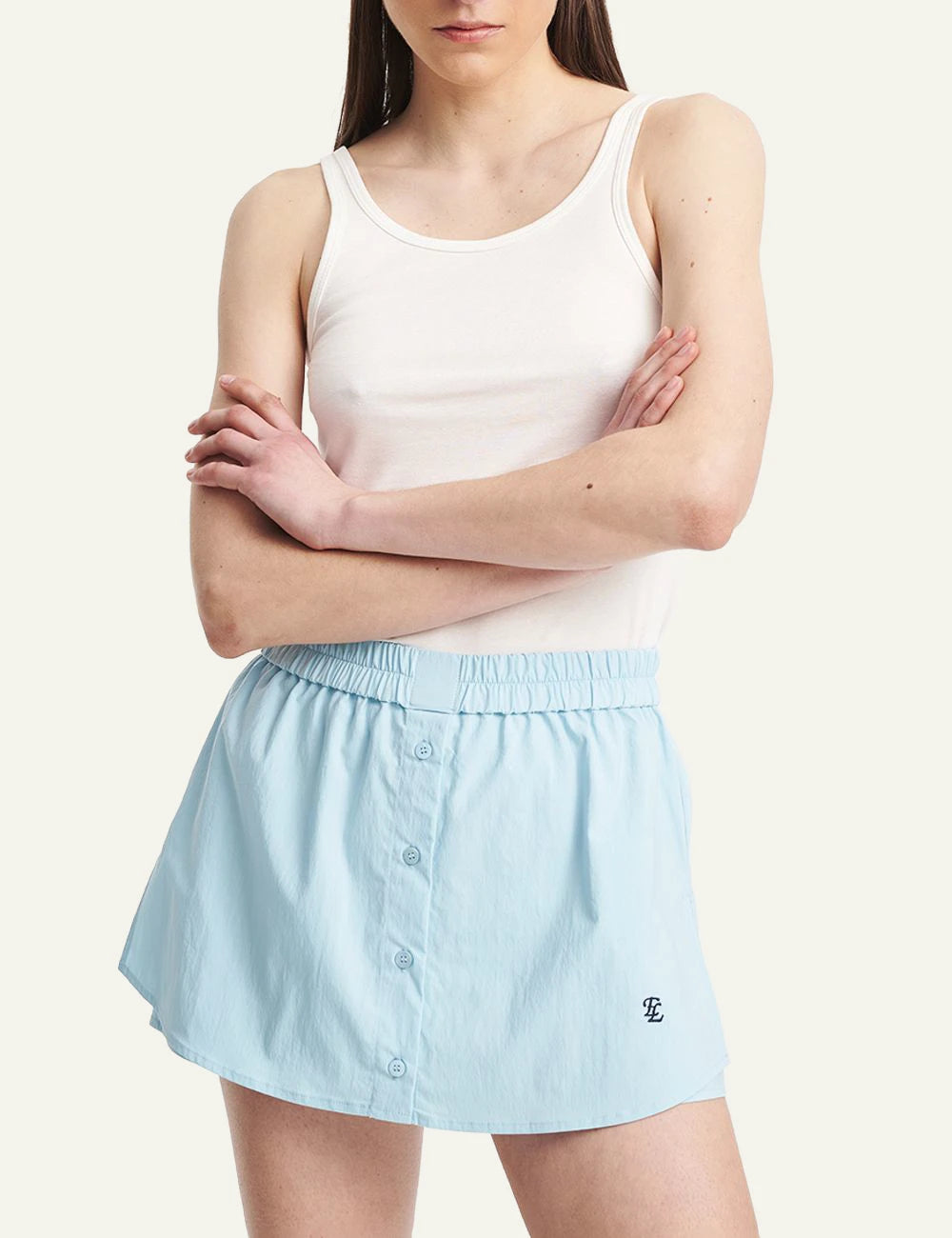 Eleh light blue skort button detail mini skirt front view