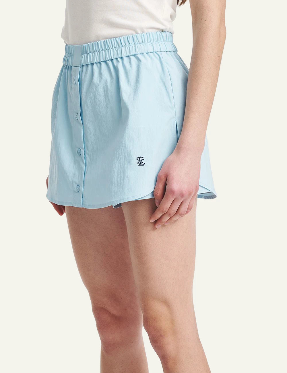 Eleh light blue skort button detail mini skirt side model view