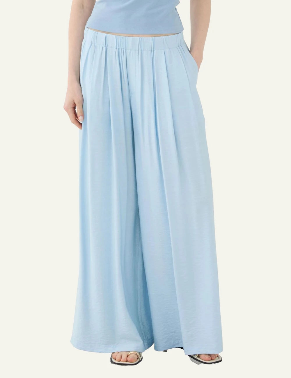 Eleh light blue wide leg pants elastic waist flowy front model view