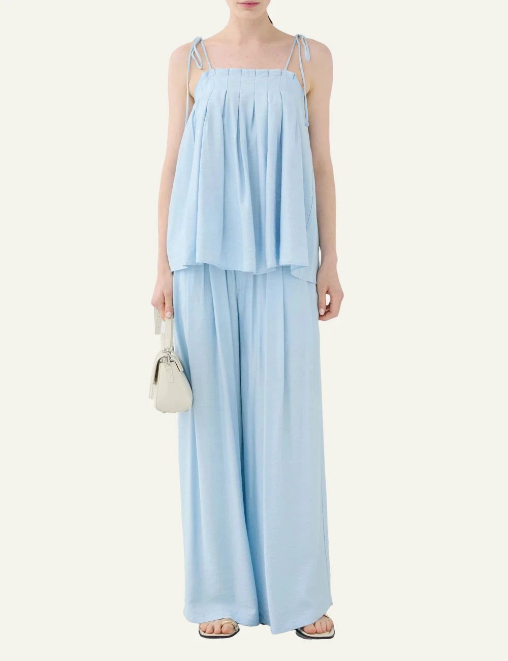 Eleh baby blue pleated top spaghetti straps front full body model view