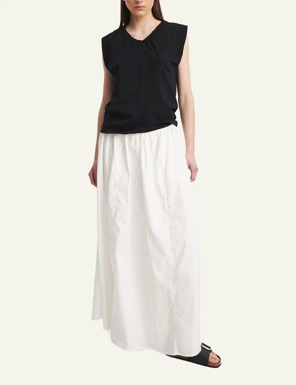Eleh maxi skirt white cotton flowy front full body model view