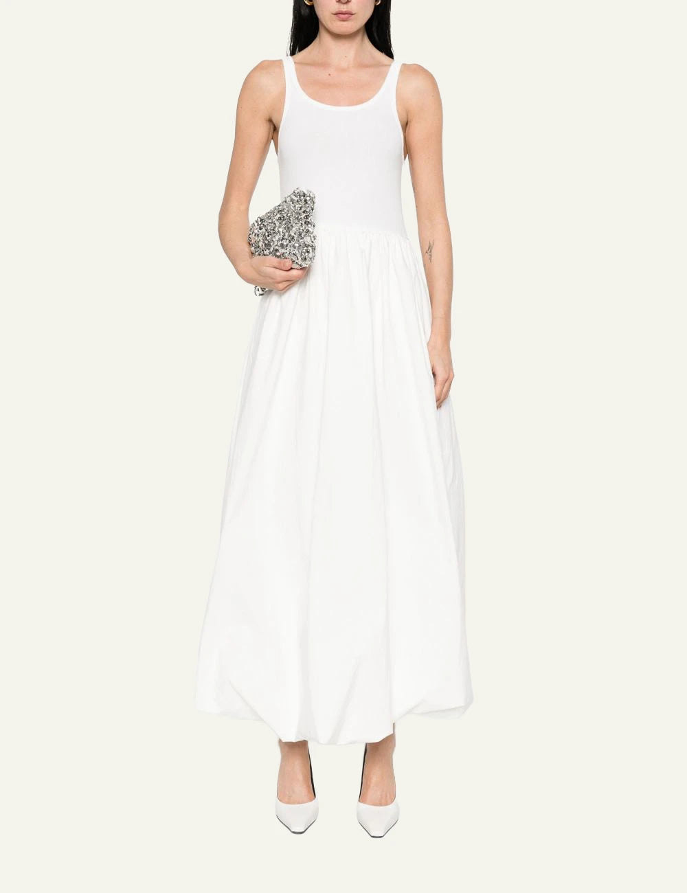 Eleh white sleeveless dress scoop neck full skirt front full body view