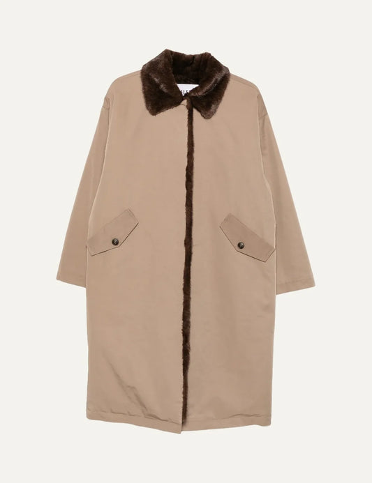 ELEH women's beige long coat with brown faux fur collar and front trim, relaxed fit, concealed fastening and two buttoned flap pockets.