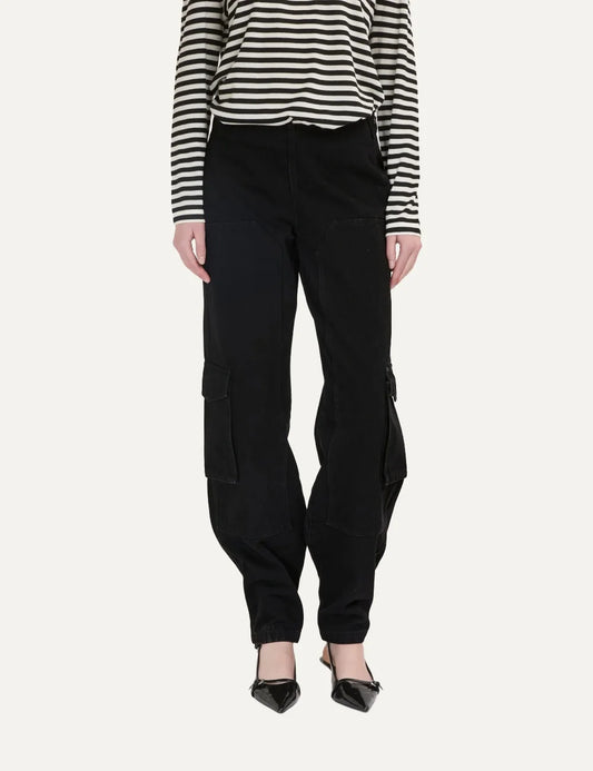 Eleh women's black high-waisted barrel leg jeans with oversized cargo flap pockets and curved seams.