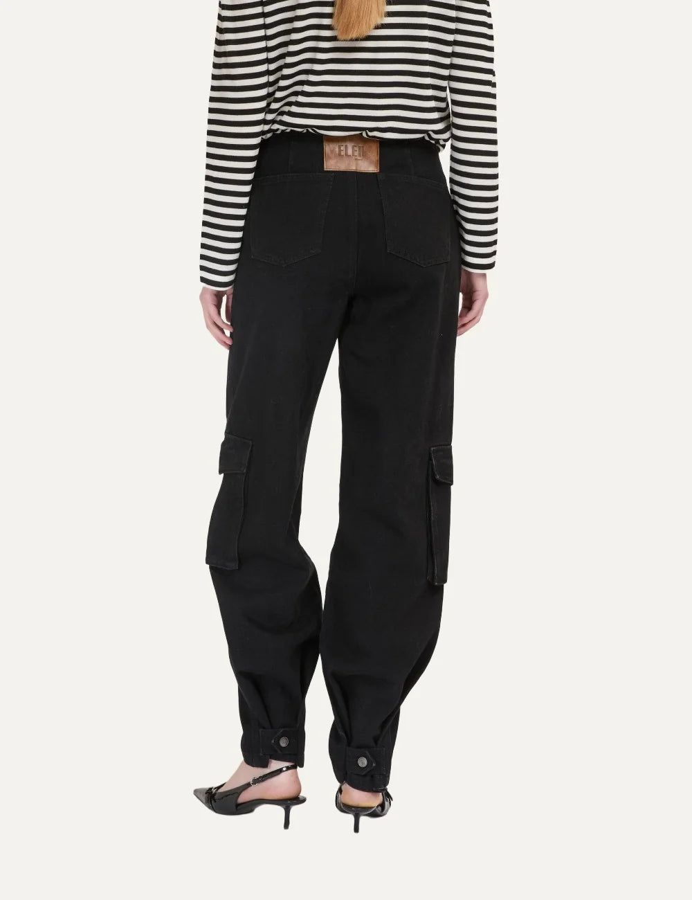 Eleh women's black high-waisted barrel leg jeans with oversized cargo flap pockets and curved seams back