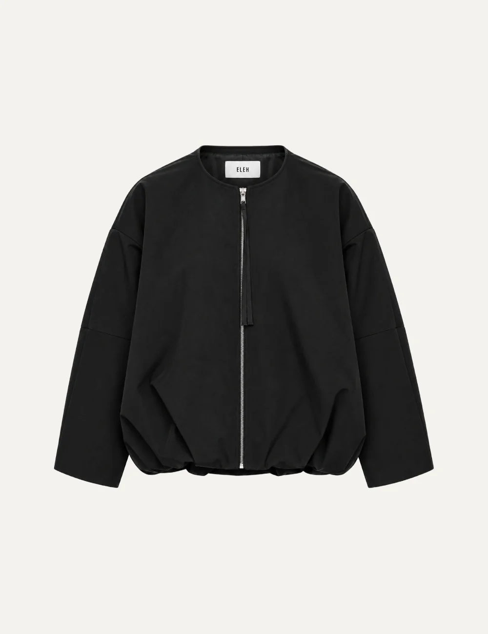 ELEH women's black oversized balloon jacket with round neckline, dropped shoulders, long sleeves, silver-tone front zipper and gathered bubble hem.