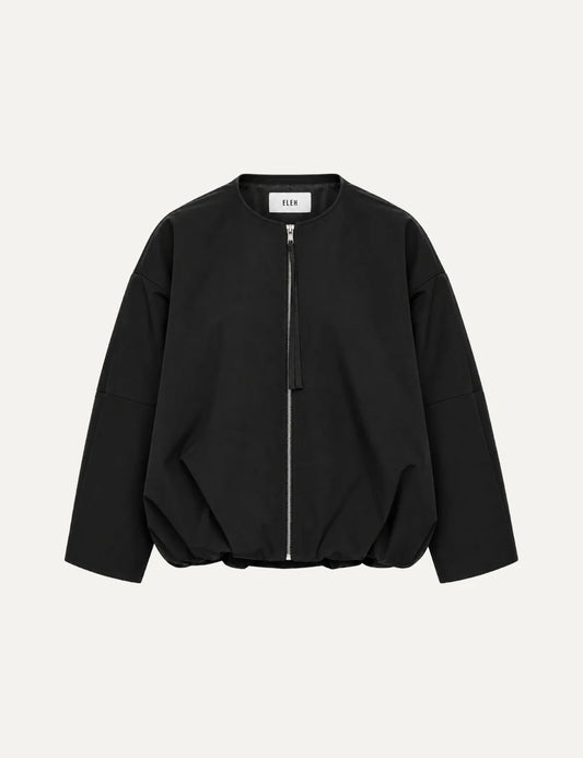 ELEH women's black oversized balloon jacket with round neckline, dropped shoulders, long sleeves, silver-tone front zipper and gathered bubble hem.