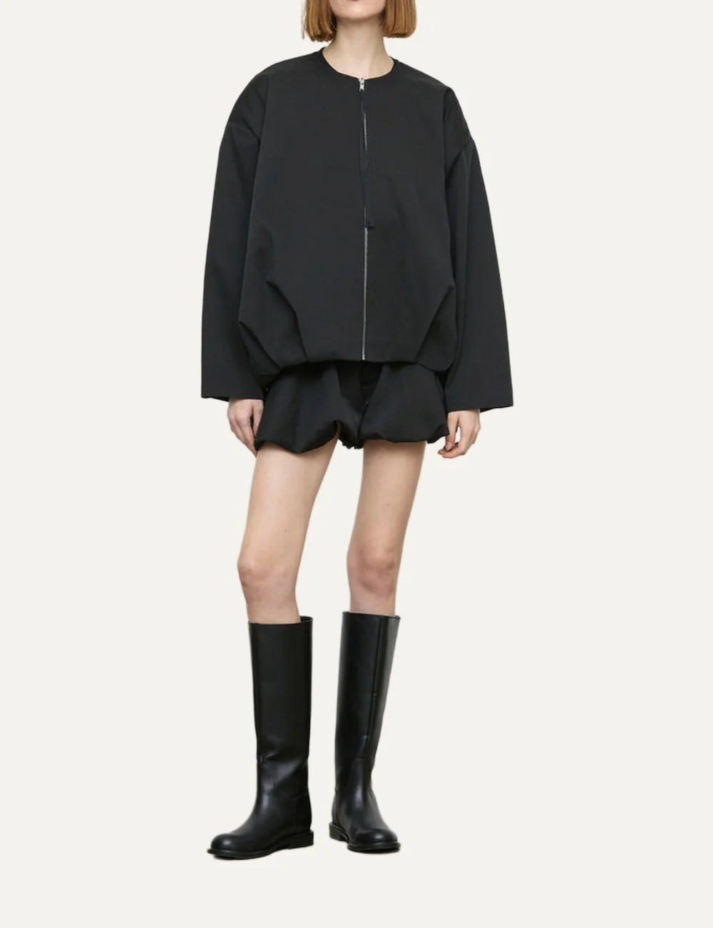 ELEH women's black oversized balloon jacket with round neckline, dropped shoulders, long sleeves, silver-tone front zipper and gathered bubble hem full body