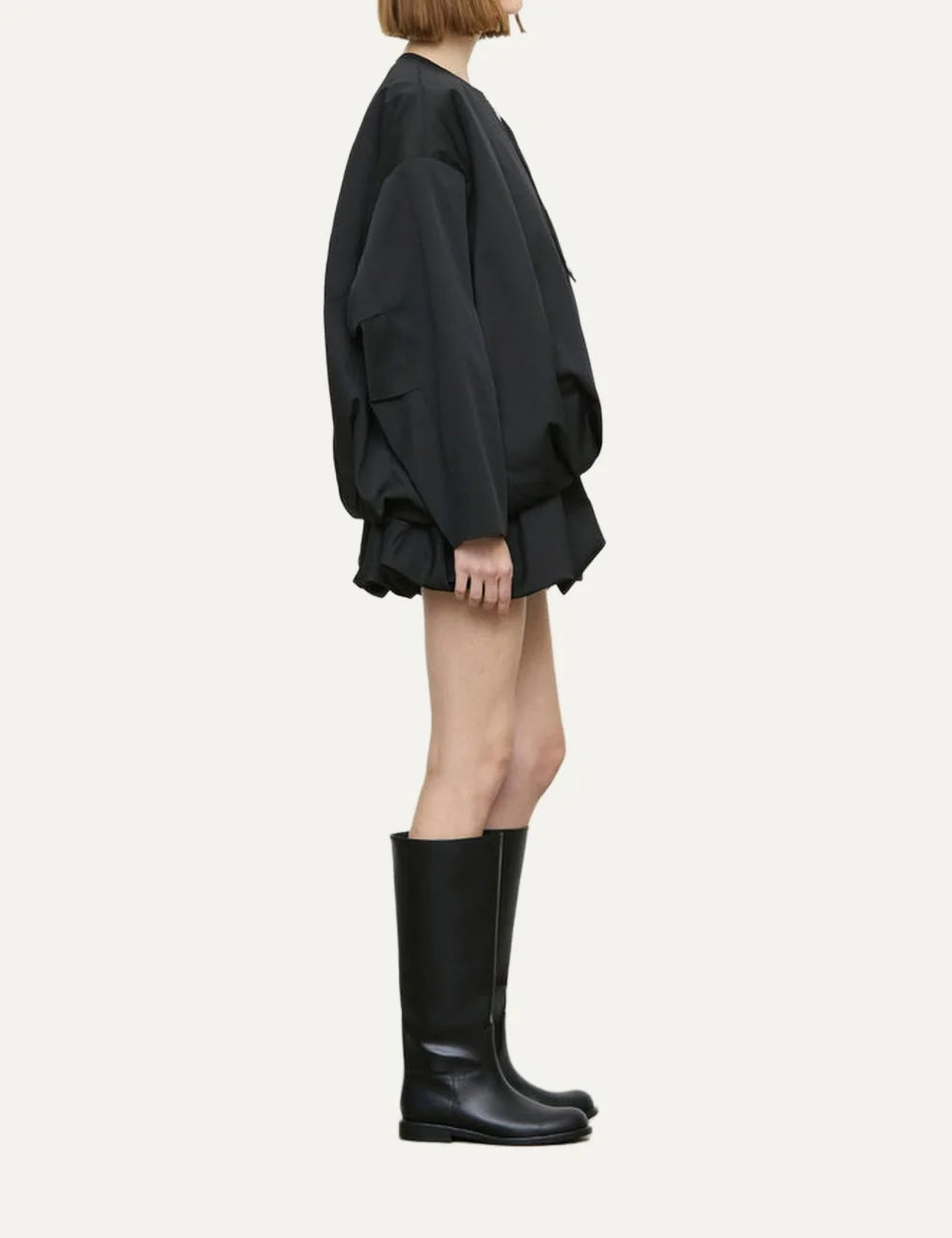 ELEH women's black oversized balloon jacket with round neckline, dropped shoulders, long sleeves, silver-tone front zipper and gathered bubble hem side