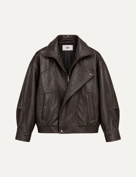 ELEH women's brown oversized faux leather biker jacket with wide collar, asymmetric zip fastening, voluminous sleeves and elasticated hem.