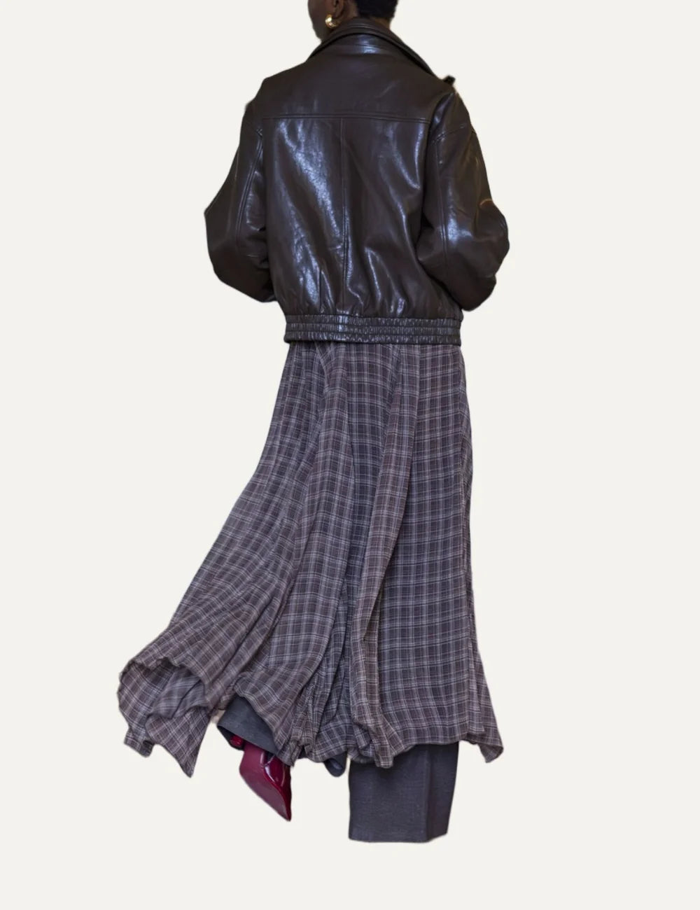 ELEH women's brown oversized faux leather biker jacket with wide collar, asymmetric zip fastening, voluminous sleeves and elasticated hem back