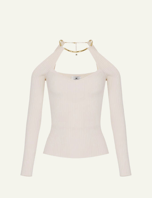 Elisabetta Franchi knit halter top cream front gold collar