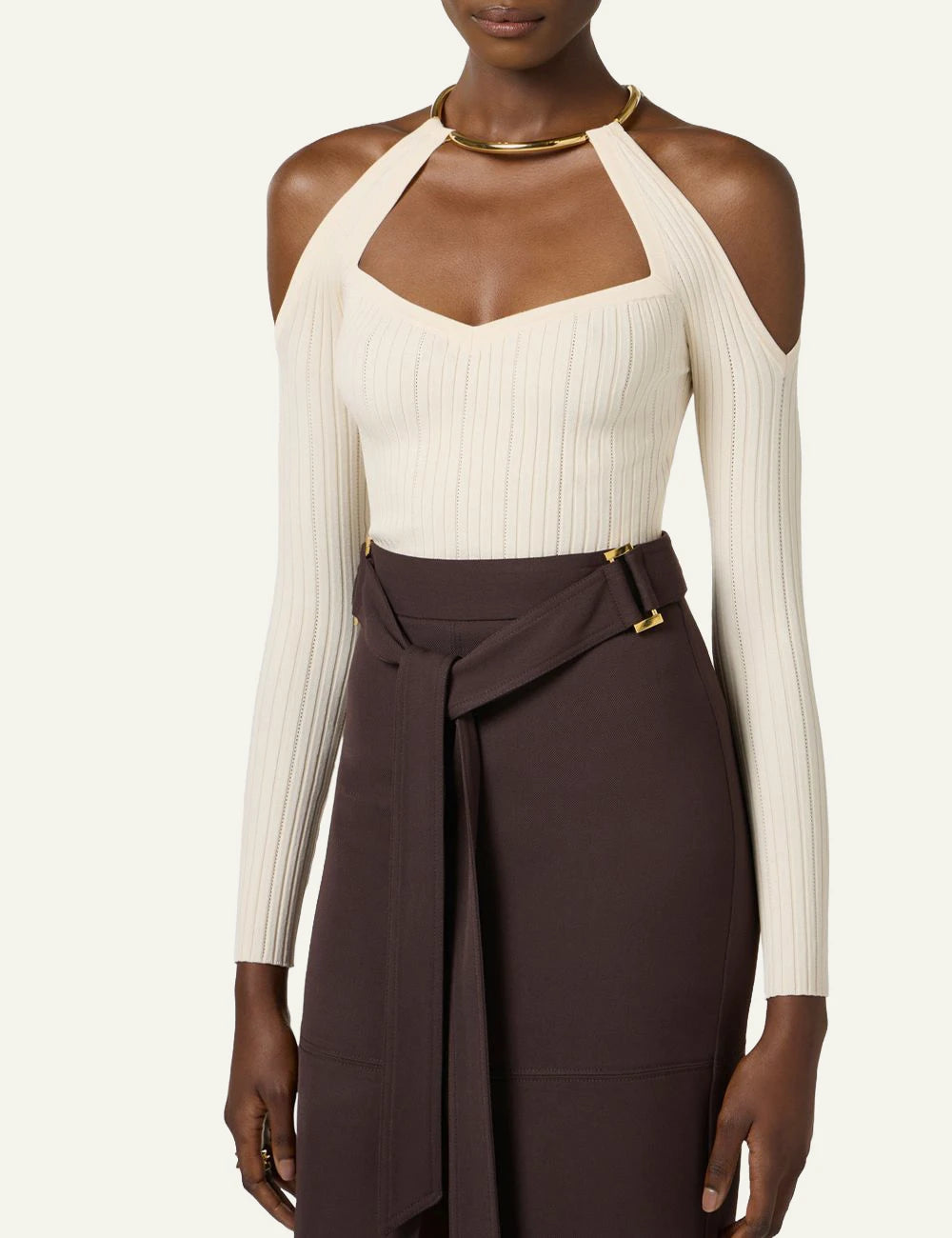 Elisabetta Franchi rib knit top cream back open shoulders