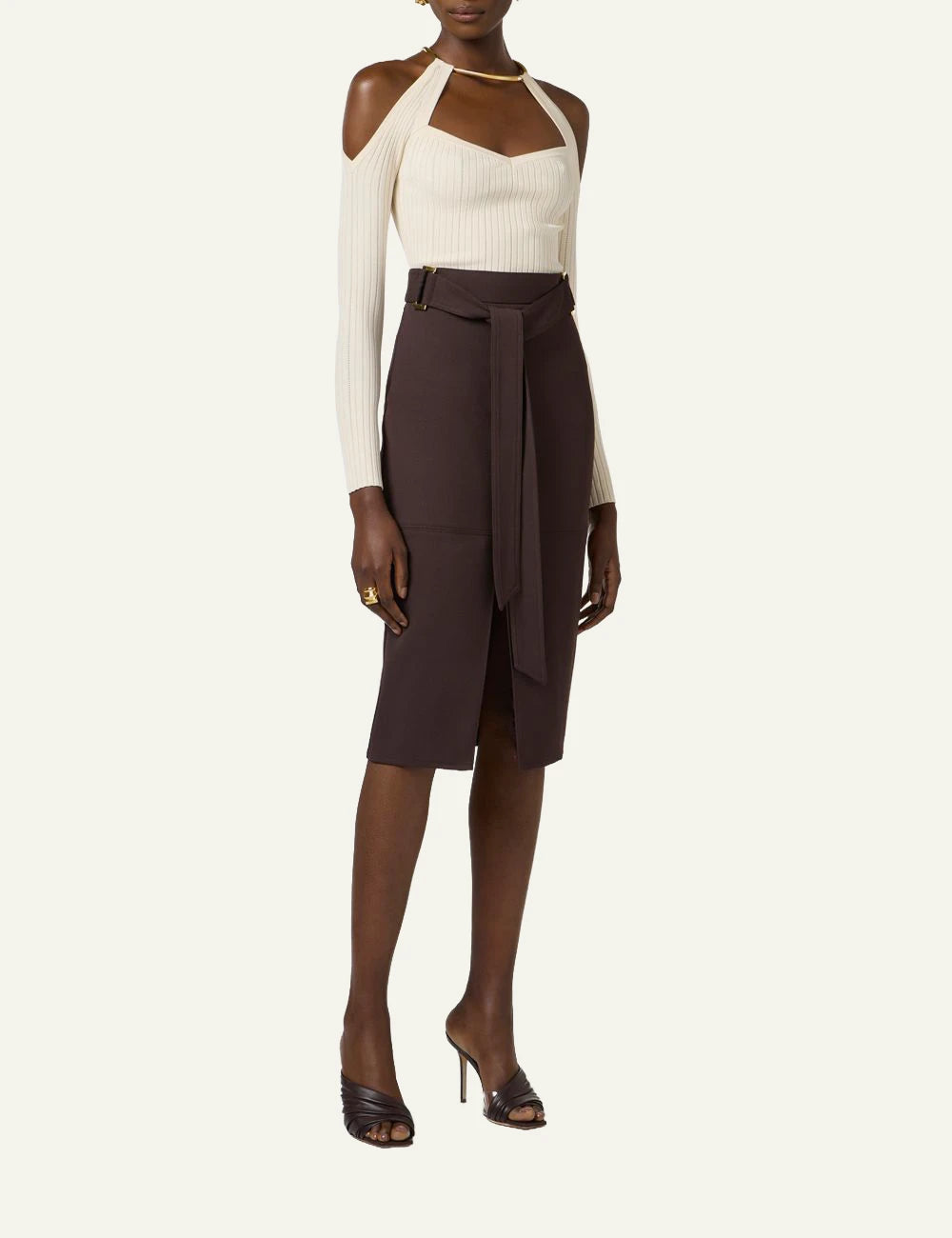 Elisabetta Franchi cream knit top outfit midi skirt look