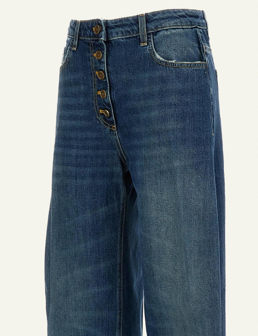 Elisabetta Franchi blue high-waisted wide leg barrel jeans front detail view