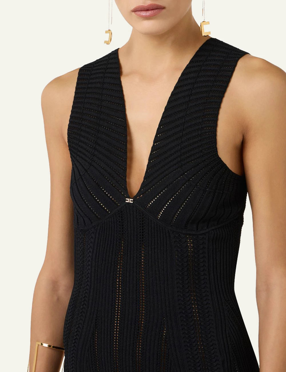 Elisabetta Franchi black knit midi dress V neck detail view