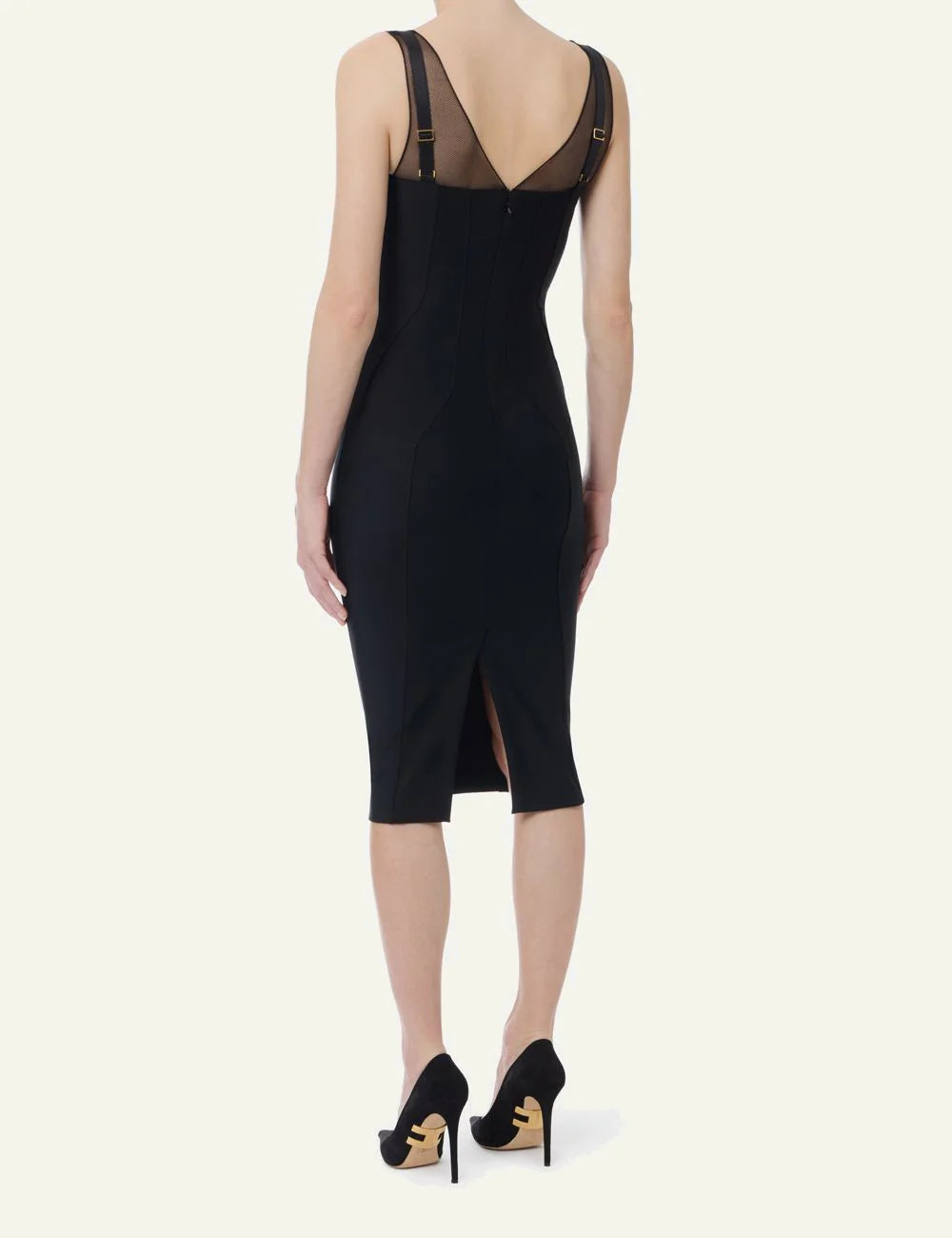 Elisabetta Franchi black slim midi dress bustier style with mesh inserts full body back view
