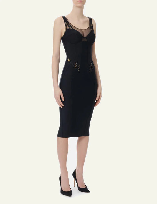 Elisabetta Franchi black slim midi dress bustier style with mesh inserts full body front view