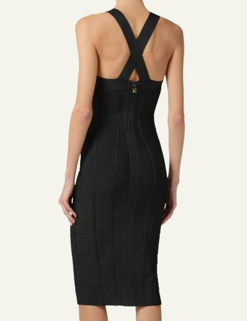 elisabetta franchi black bodycon midi dress gold buckle details back model view