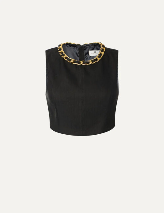 elisabetta franchi black crop top gold chain neckline front view