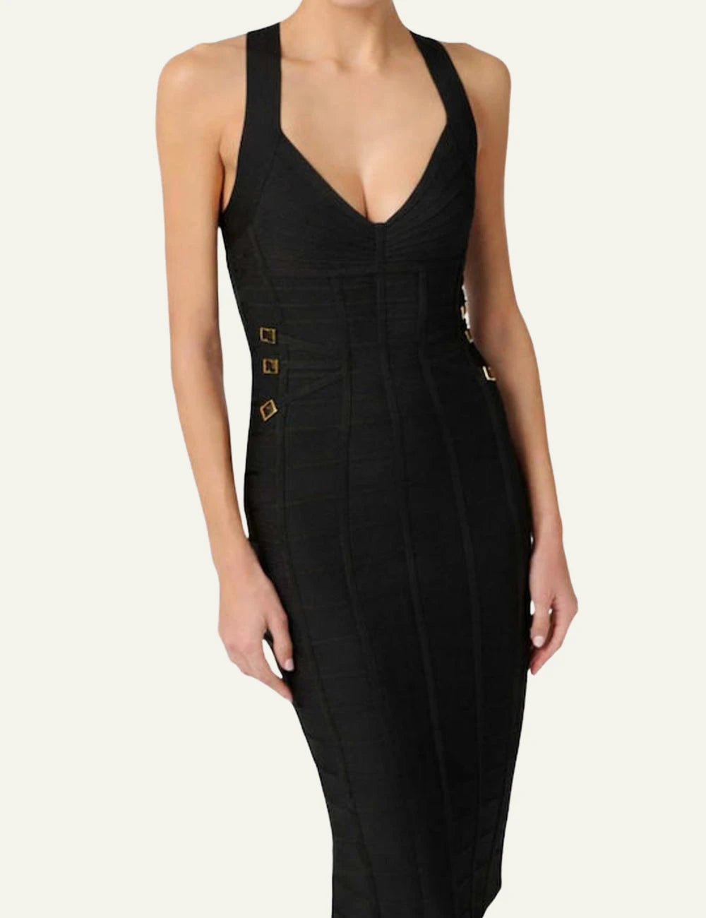 elisabetta franchi black bodycon midi dress gold buckle details front model view