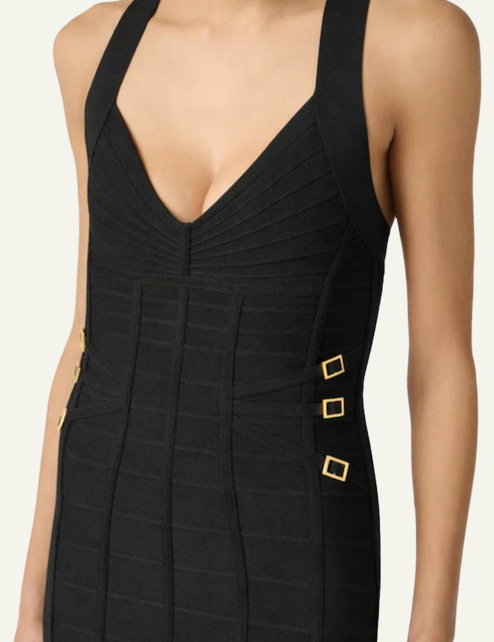elisabetta franchi black bodycon midi dress gold buckle details front view