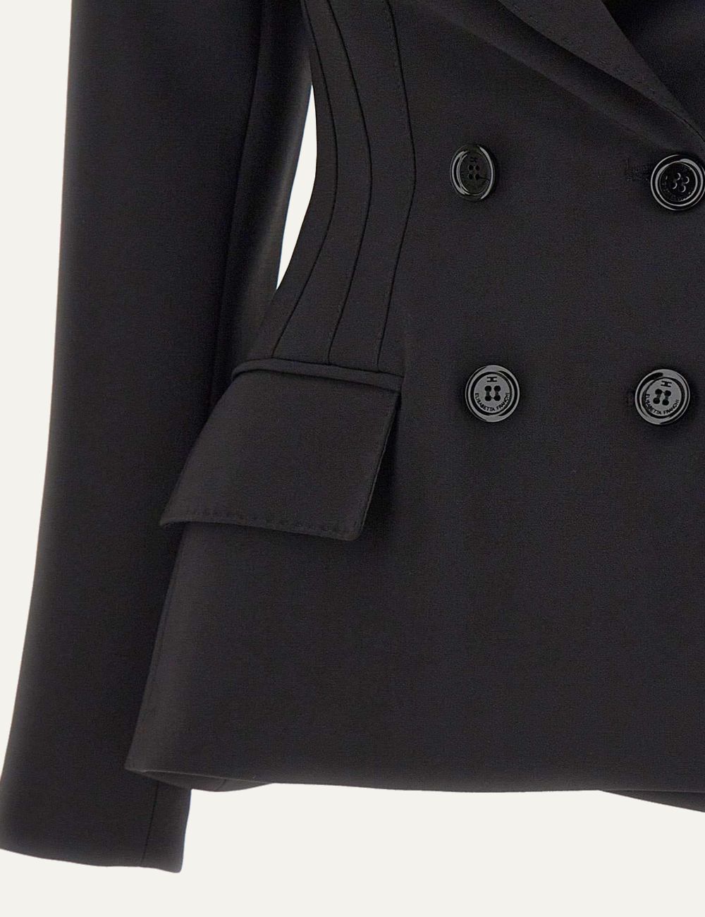 Elisabetta Franchi black double-breasted slim fit crepe blazer detail