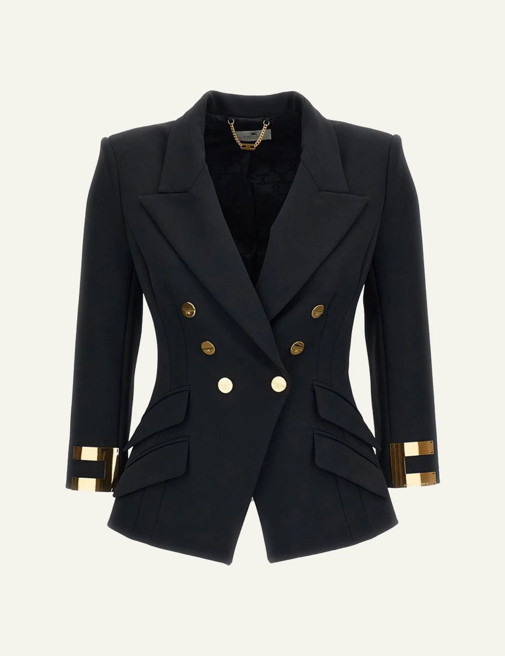 Elisabetta Franchi black double-breasted slim fit blazer with gold-tone buttons front