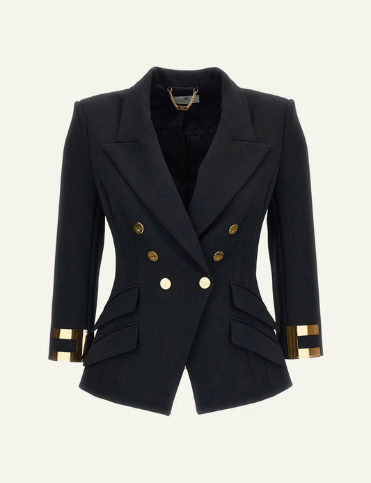 Elisabetta Franchi black double-breasted slim fit blazer with gold-tone buttons front