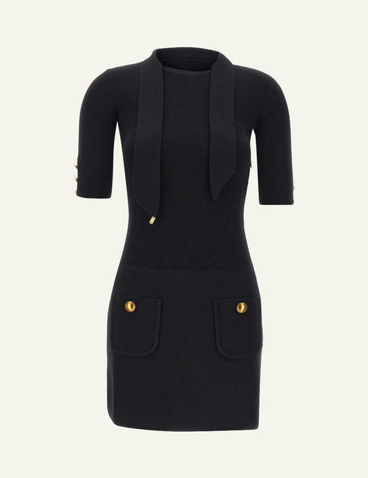 Elisabetta Franchi black ribbed knit mini dress with scarf detail