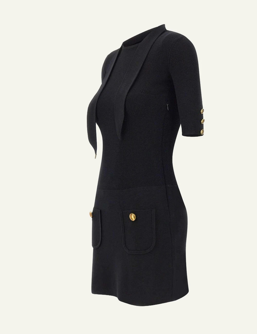 Elisabetta Franchi black ribbed knit mini dress with scarf detail side