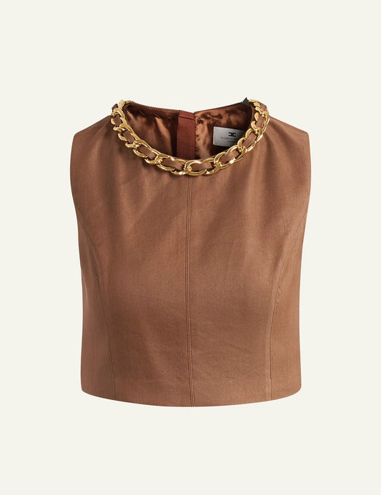 elisabetta franchi brown leather crop top gold chain neckline front view