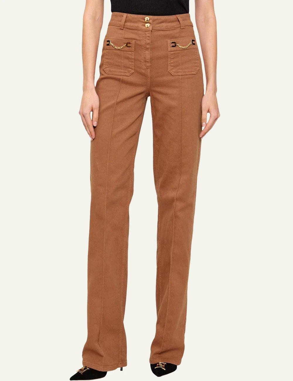 elisabetta franchi camel jeans gold chain pocket front 