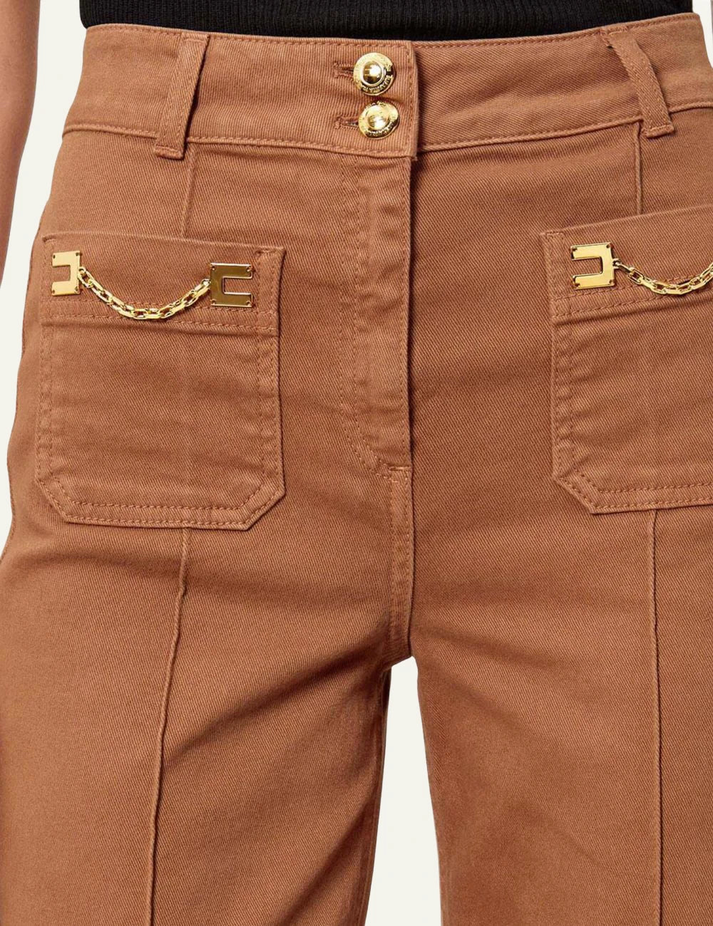 elisabetta franchi camel jeans gold chain pocket detail front