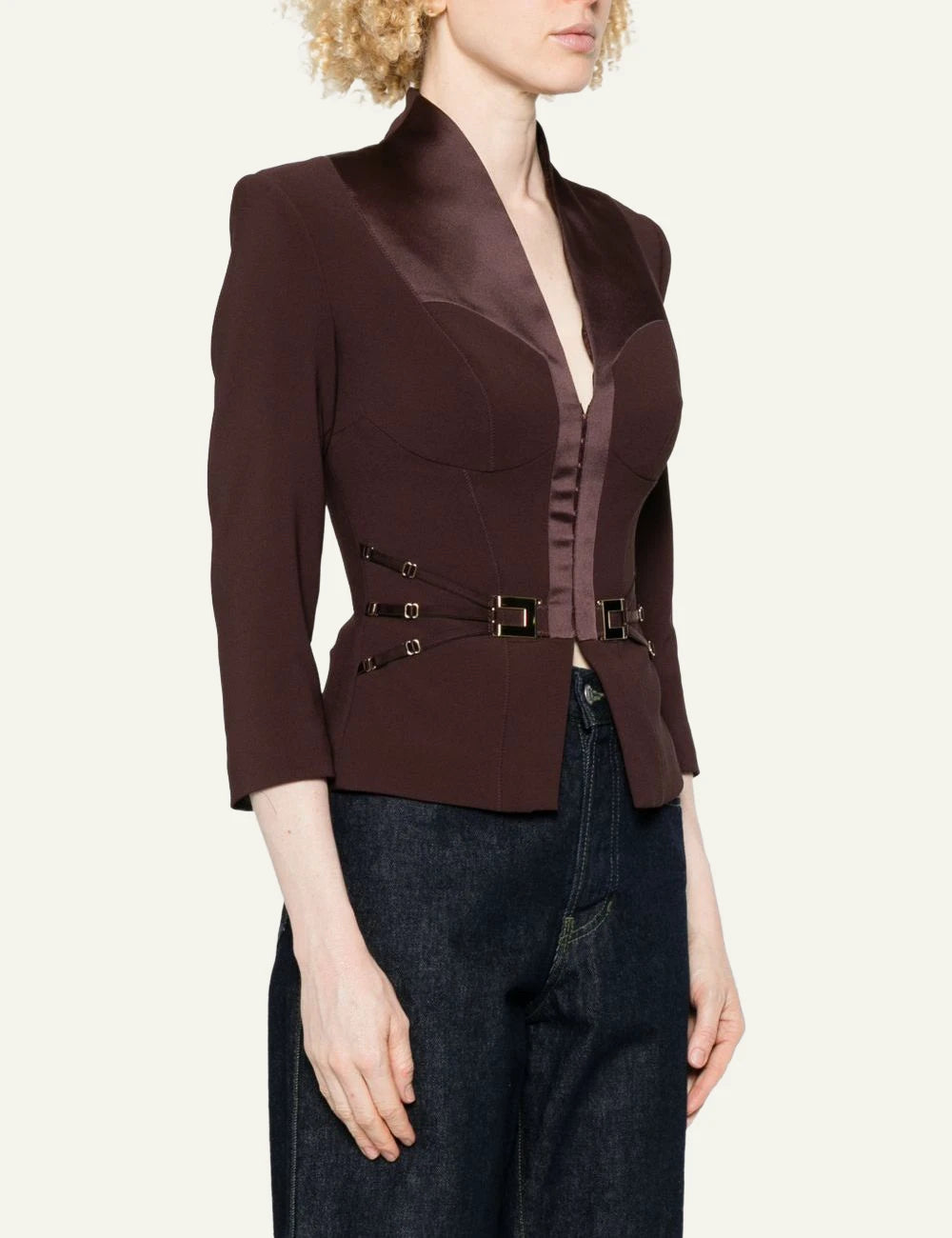 elisabetta franchi brown crepe blazer satin bust corset straps side
