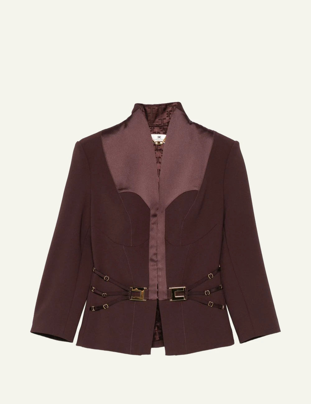 elisabetta franchi brown crepe blazer satin bust corset straps front